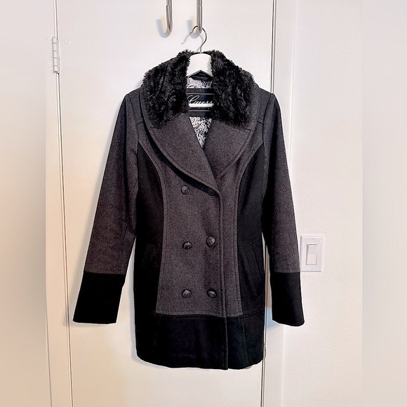 GUESS wool coat jacket faux fur collar two way button down - Picture 2 of 16